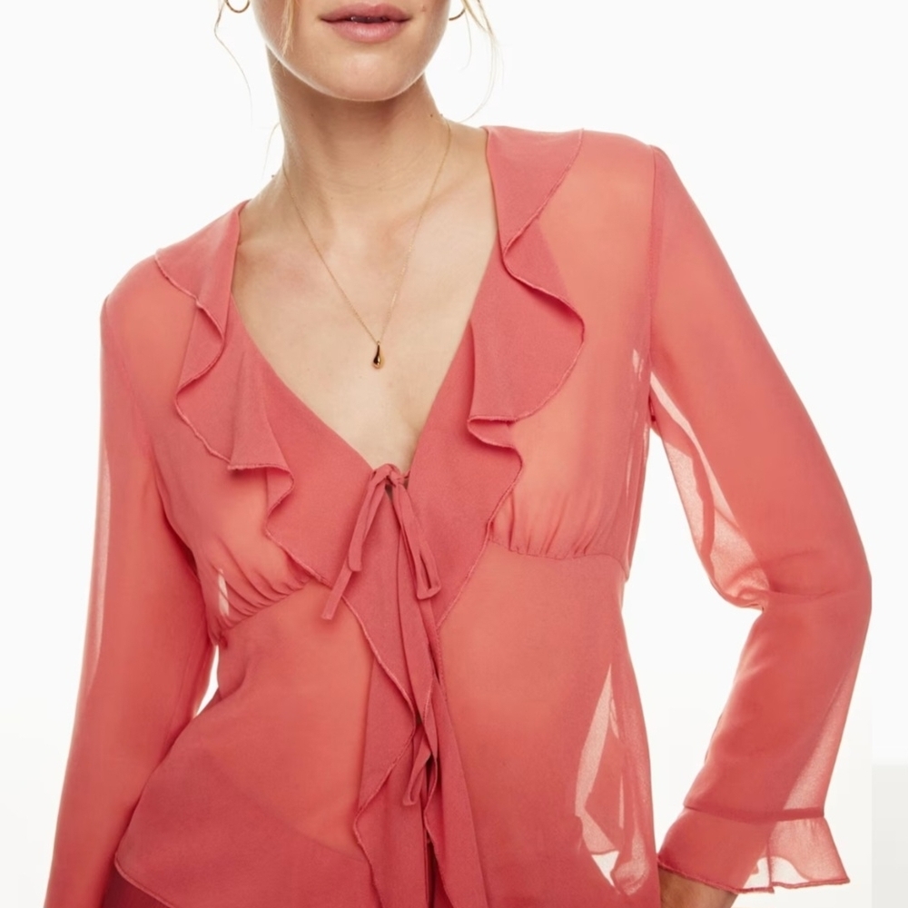Wilfred  NWT Frenchy Coral Rosy Red Ruffle Blouse Tie Front Feminine S